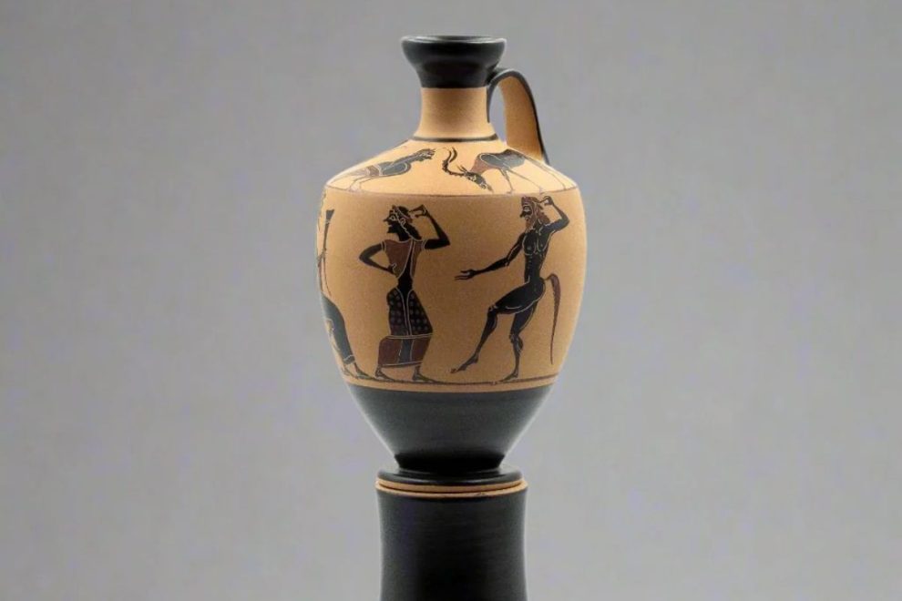 A Dionysus black-figure lekythos, an ancient Greek ceramic vessel featuring detailed mythological scenes in black on a light background.