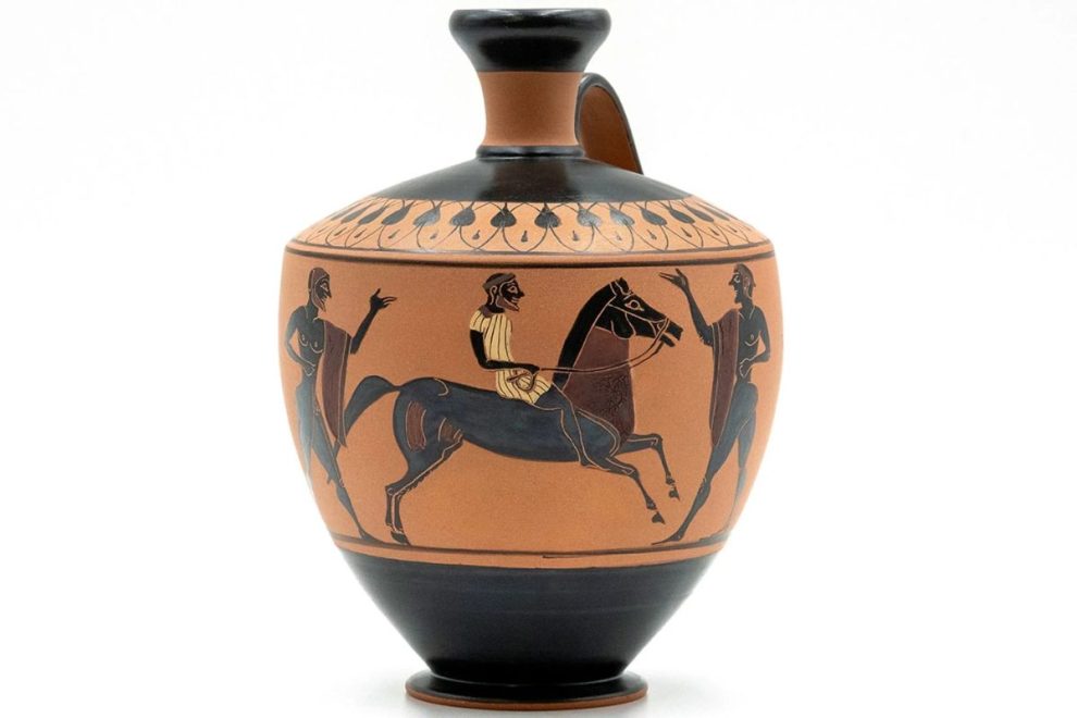 A black-figure lekythos inspired by the Amasis Painter, featuring a central rider on horseback surrounded by standing figures. The detailed artwork and decorative patterns reflect the style of ancient Greek pottery_old greek pottery